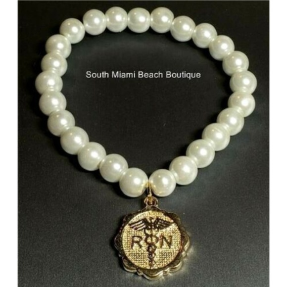 RN Nursing Caduceus Pearl Bead Charm Bracelet Gold Plated Nurse Graduation Gift - Picture 1 of 8